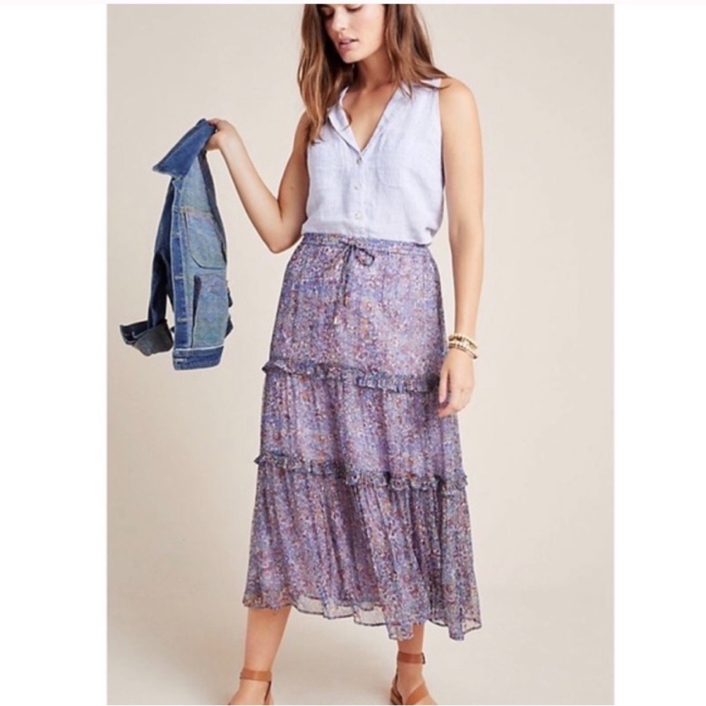 Anthropologie Seurat Tiered Floral Midi Skirt
